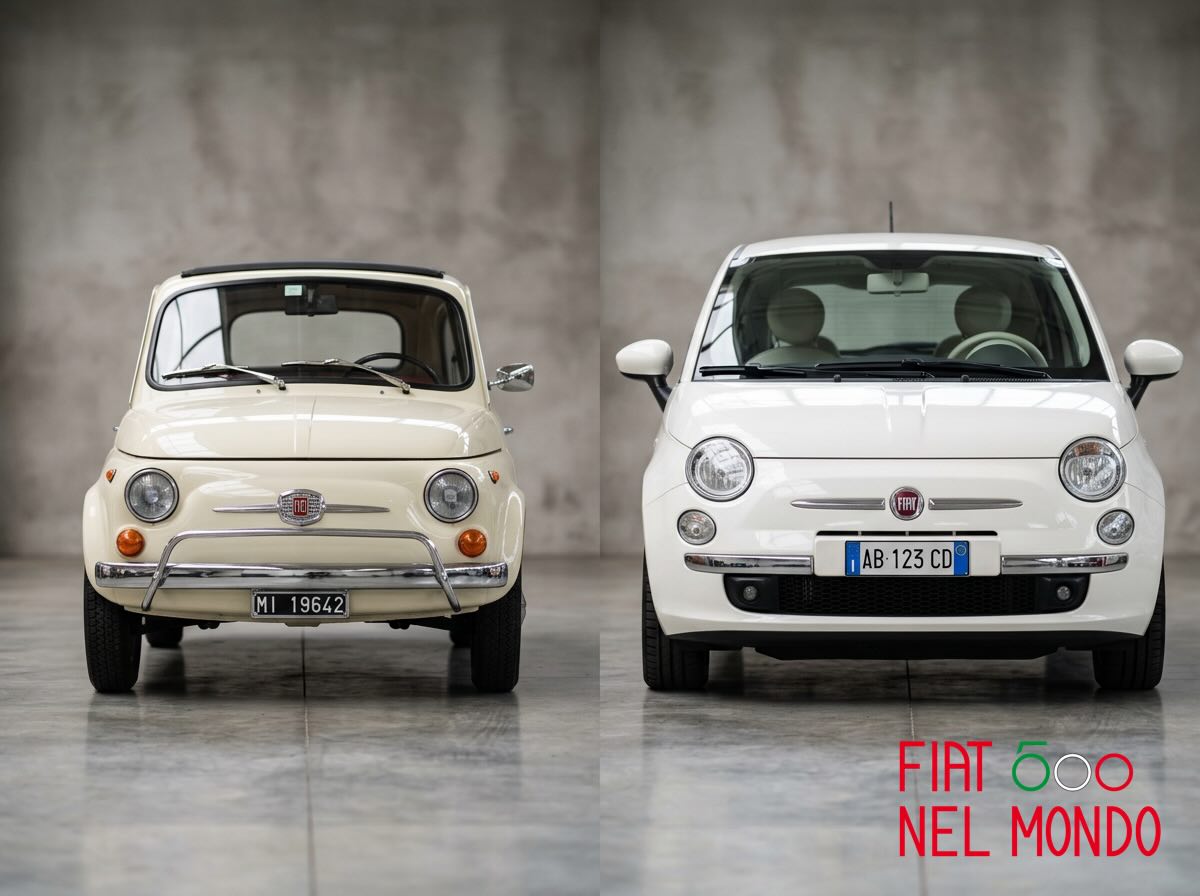 Primo piano frontale di Fiat 500 d’epoca e Fiat 500 moderna a confronto