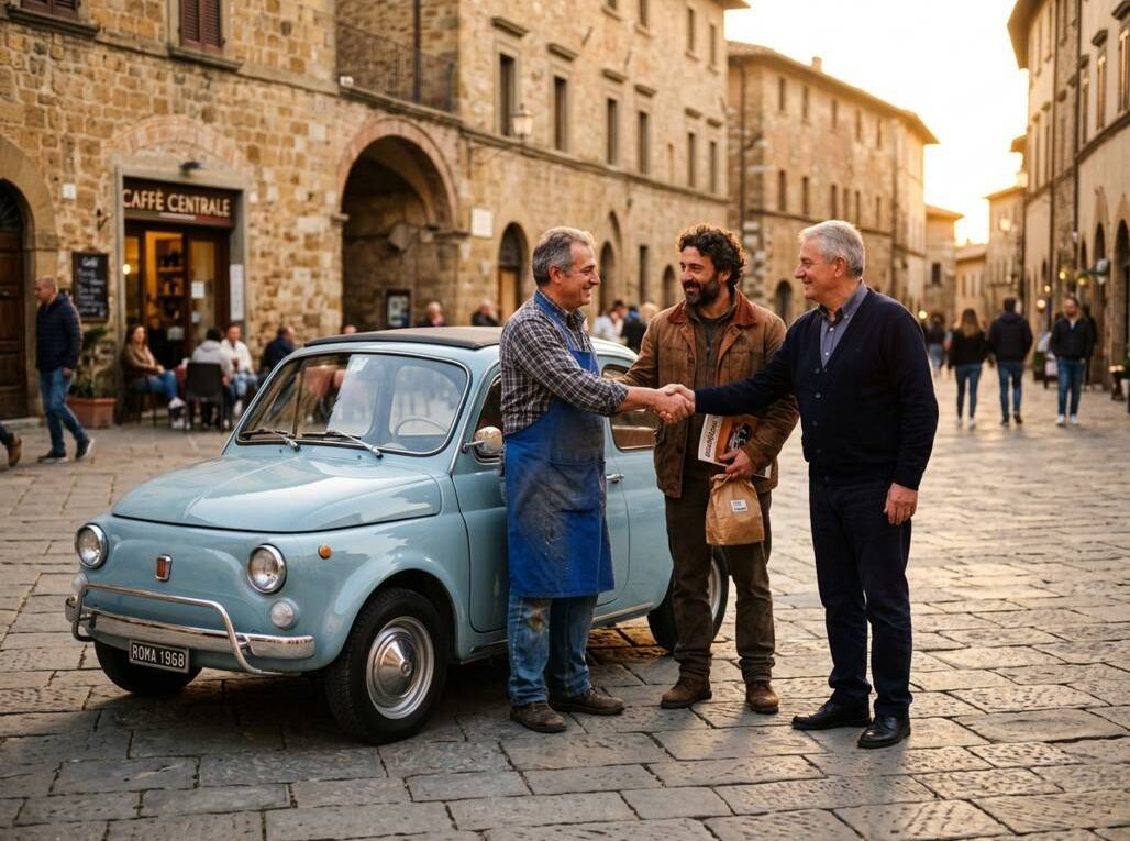 Professionisti e appassionati della Fiat 500 d'epoca riuniti attorno a una Cinquecento storica per rappresentare collaborazione, passione e comunità.