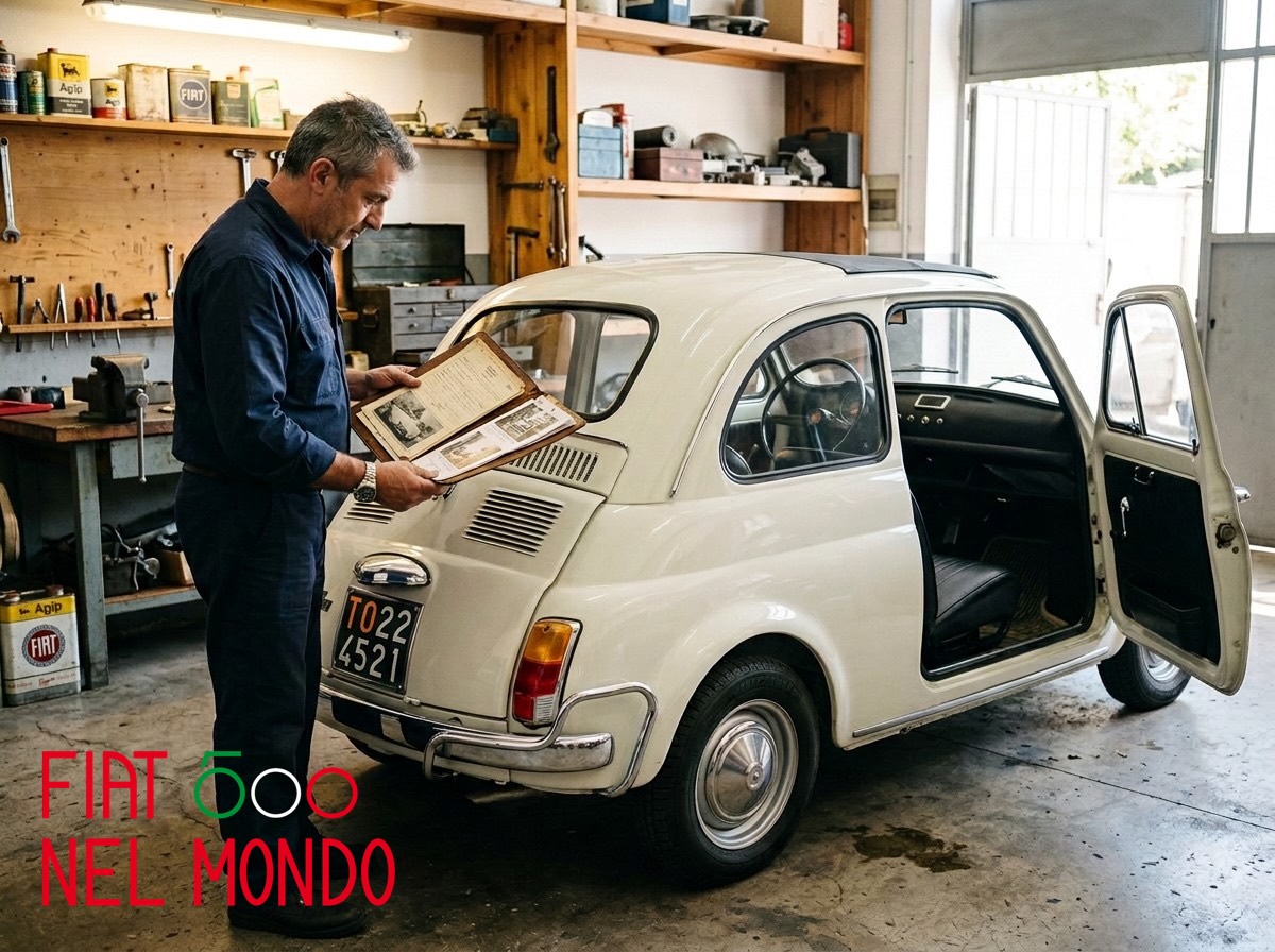 Controllo di motore, interni e particolari originali di una Fiat 500 L prima della richiesta di certificazione ASI.