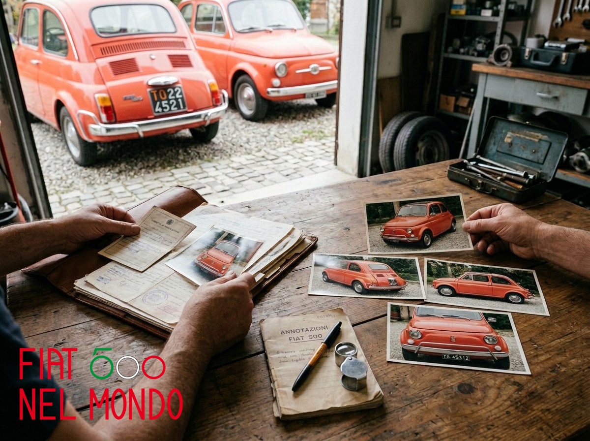 Documenti e fotografie di una Fiat 500 d’epoca ordinati per preparare la pratica di certificazione storica ASI.