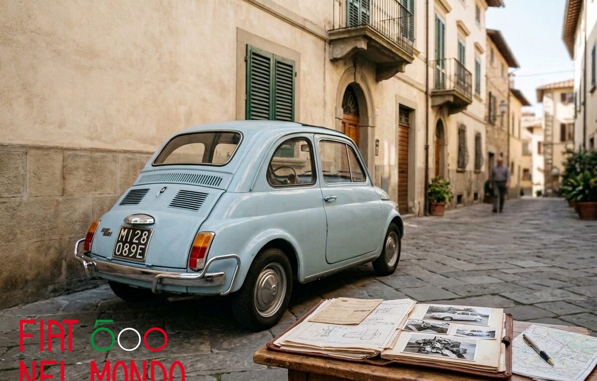 Fiat 500 F d’epoca con documenti e fotografie preparati per una pratica di certificazione ASI.