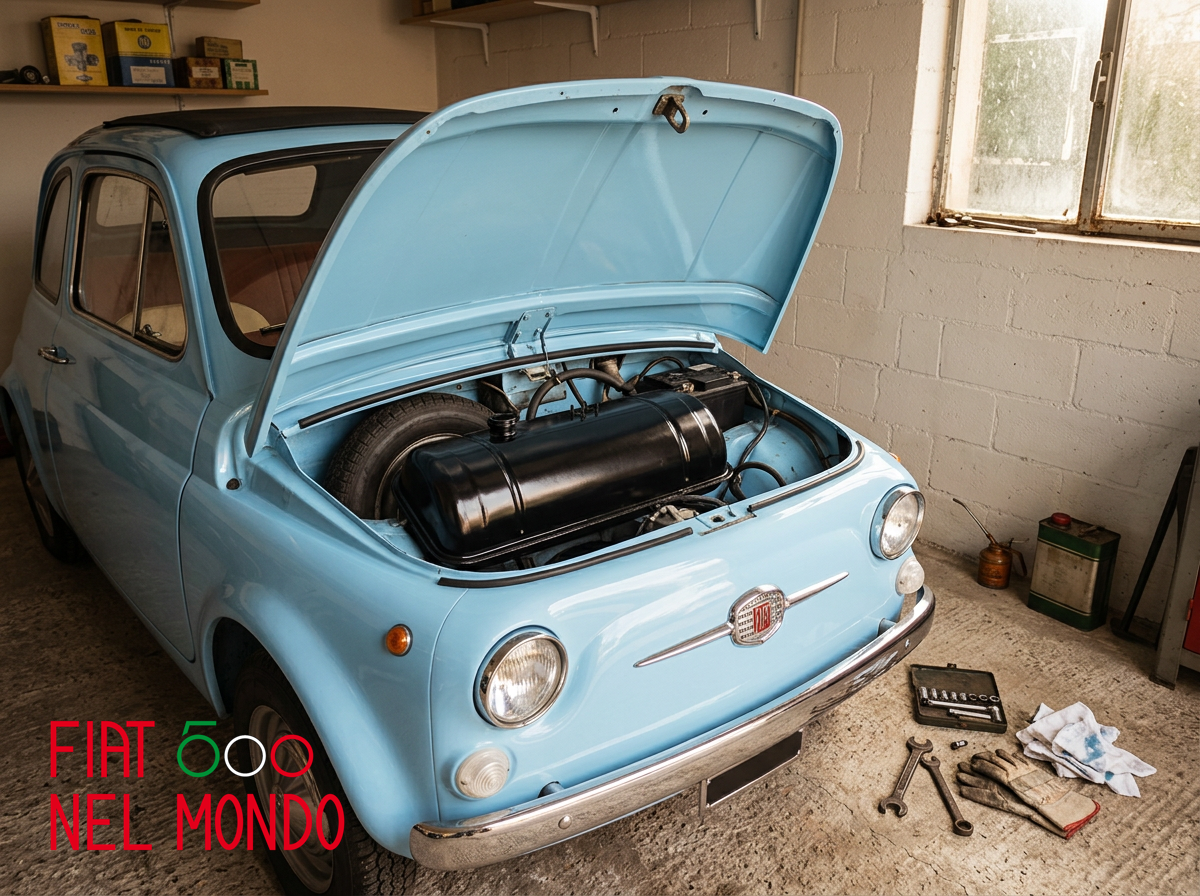 Fiat 500 d’epoca in garage durante il controllo e la manutenzione del serbatoio della benzina 2.