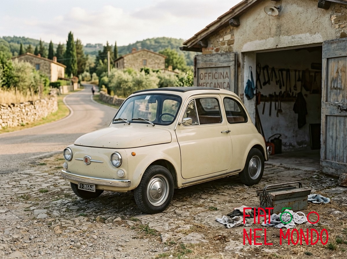 Fiat 500 d’epoca pronta a tornare su strada dopo la pulizia del serbatoio e il controllo dell’impianto benzina.