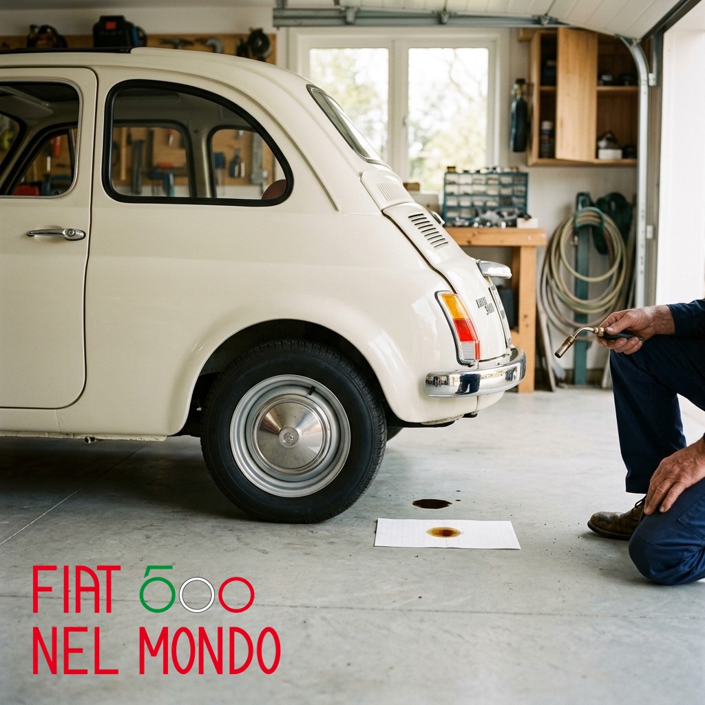 La Fiat 500 d'epoca perde benzina nel garage