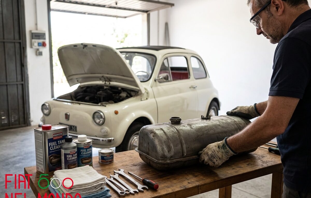 Pulizia e manutenzione del serbatoio benzina di una Fiat 500 storica con controllo delle condizioni interne.