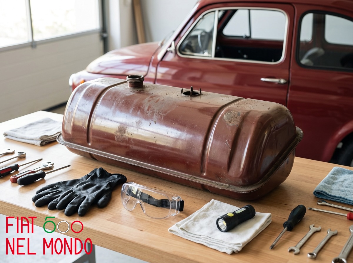 Serbatoio della Fiat 500 d’epoca smontato per verificare la presenza di sporco, depositi e ruggine interna.