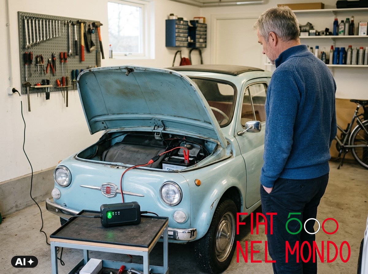 Mantenitore elettronico collegato alla batteria nel vano anteriore della Fiat 500 d’epoca.