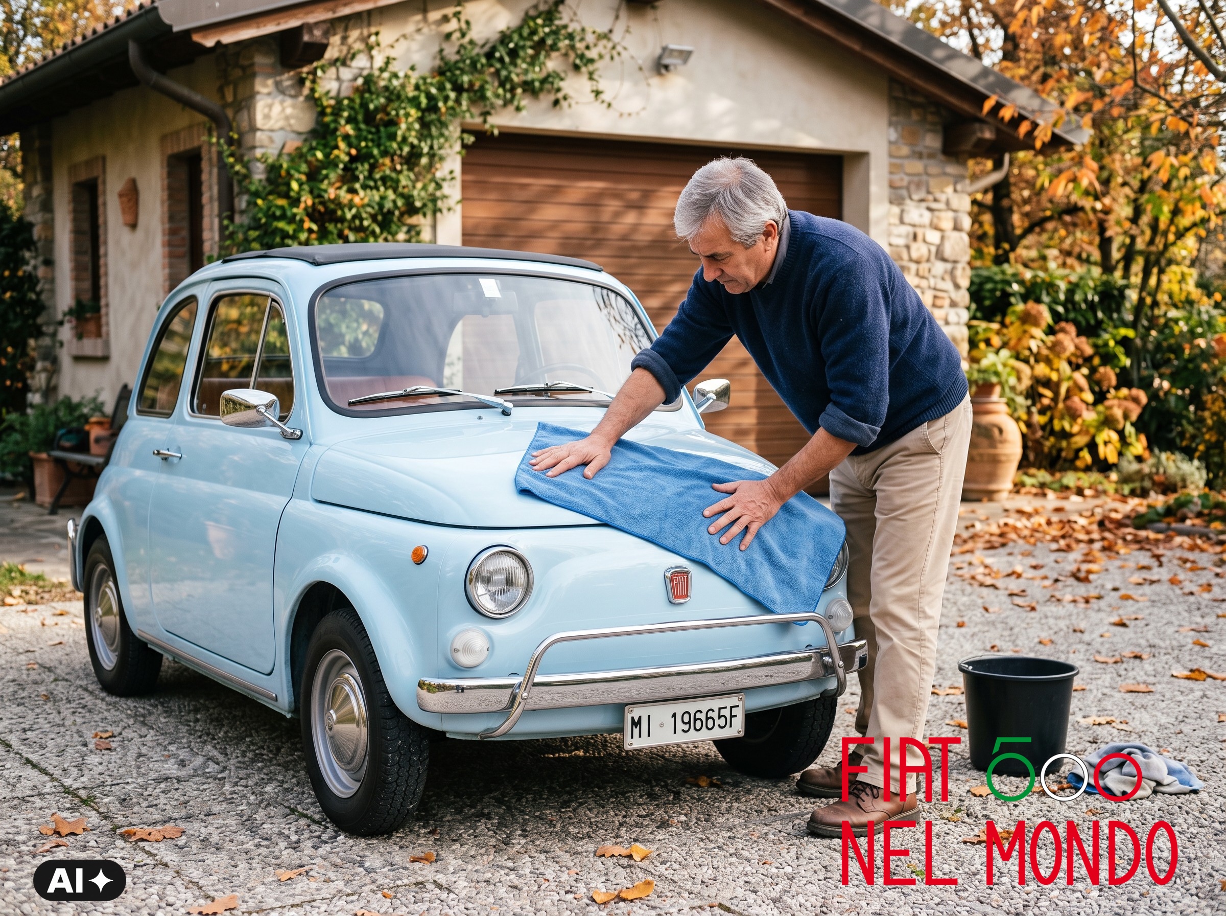 Proprietario che asciuga la carrozzeria della Fiat 500 prima del rimessaggio invernale.