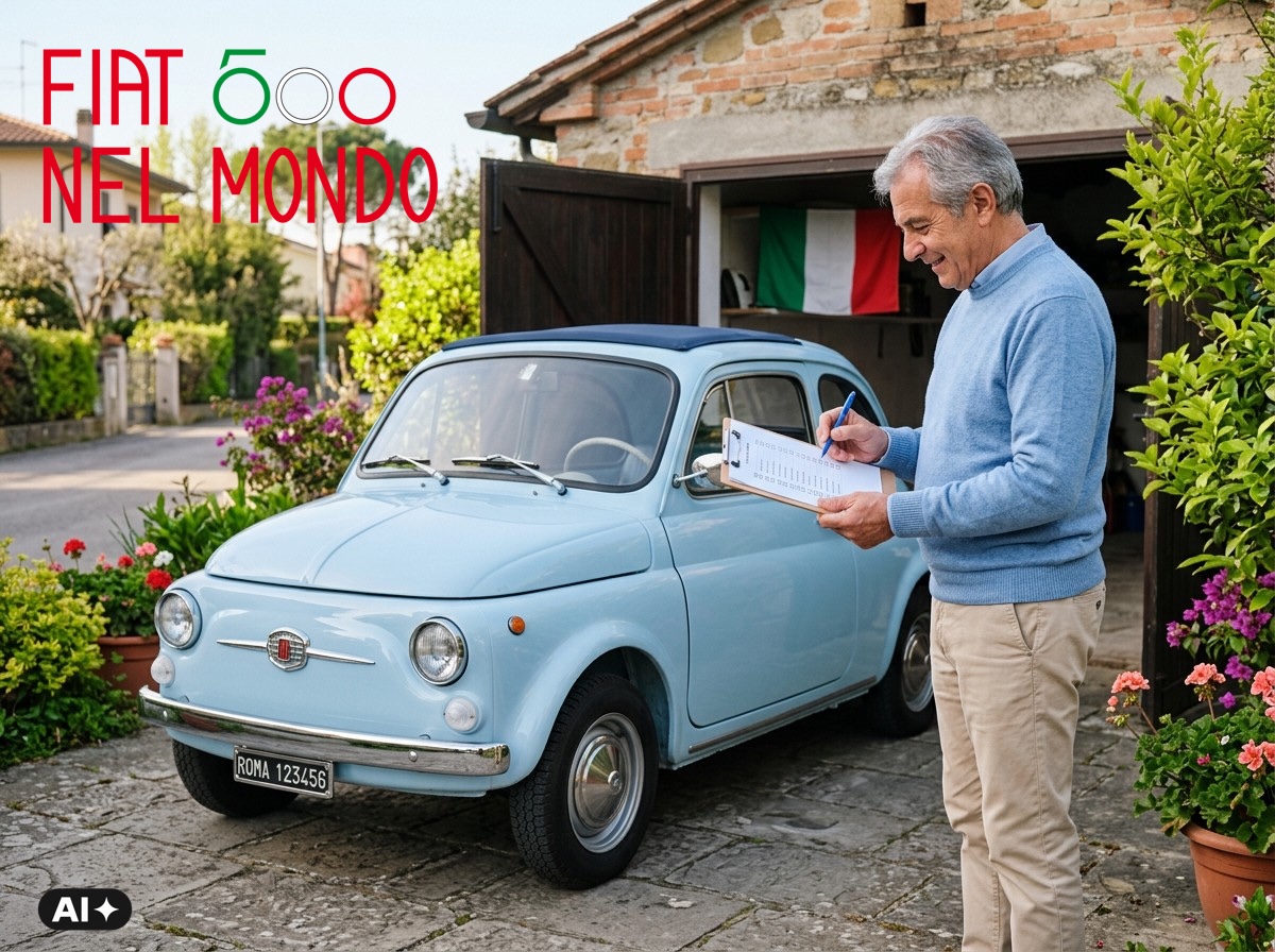 Proprietario che verifica una checklist accanto alla Fiat 500 prima della ripartenza primaverile.